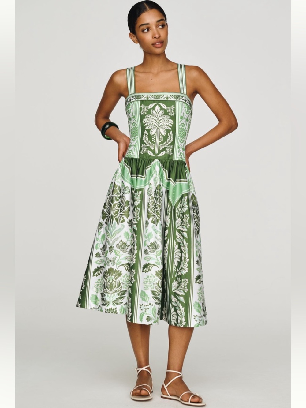 FARM Rio 100% Cotton A-Line Midi Dress New Green & White Botanical Print Dress L